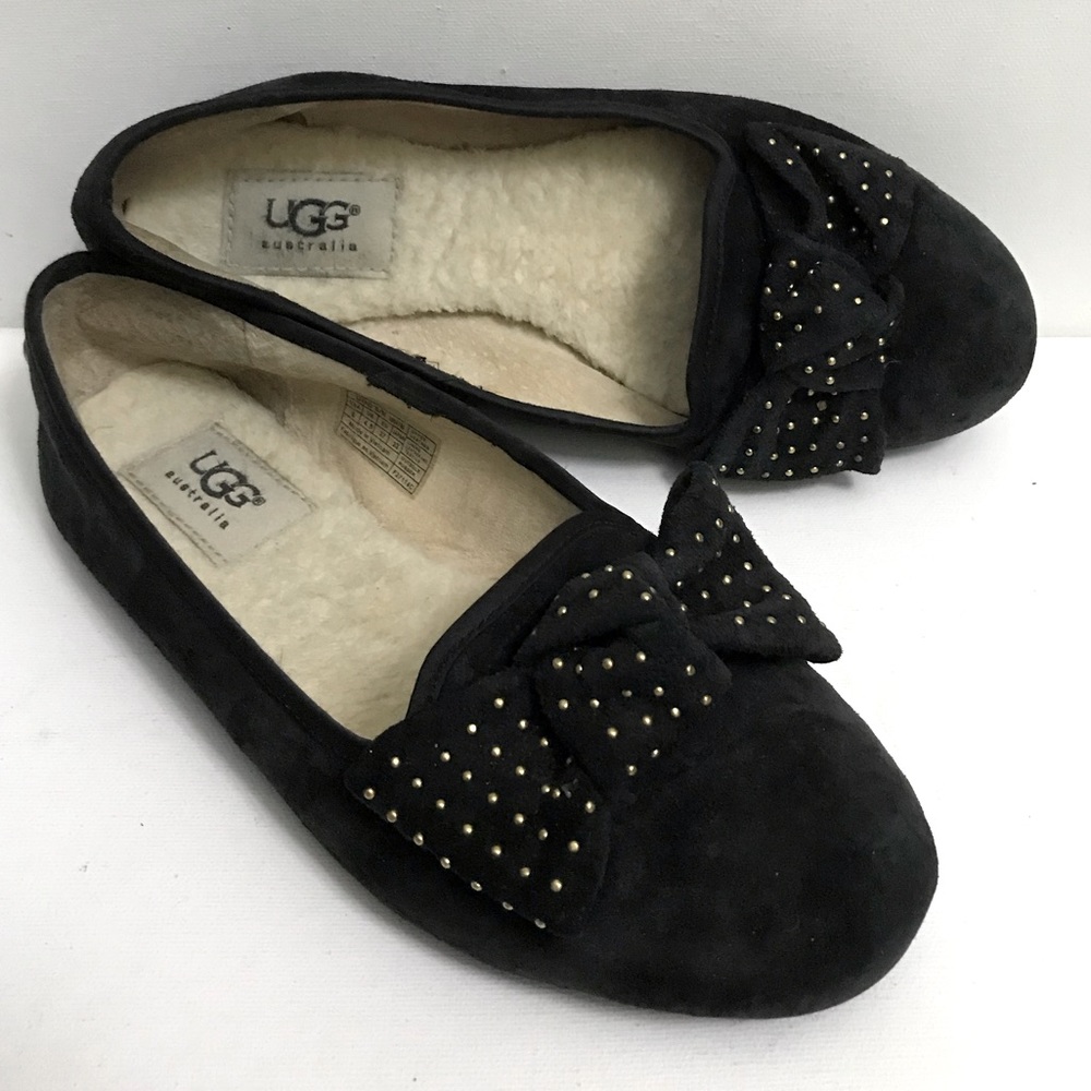 UGG Alloway Black Suede Leather Studded Bow Flats